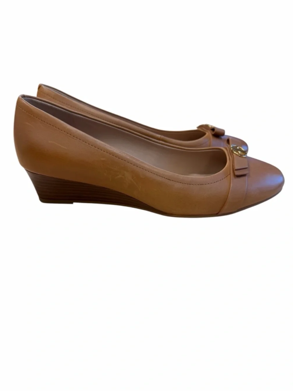 Cole Haan Cognac Leather‎ Low Wedge Pump with Bow and Gold Logo
